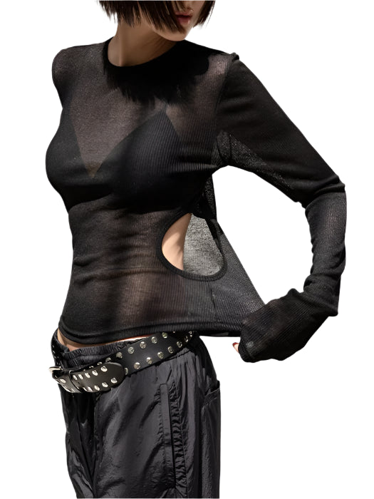 Clever Alice Sheer Ribbed Long Sleeve with Cut-Outs