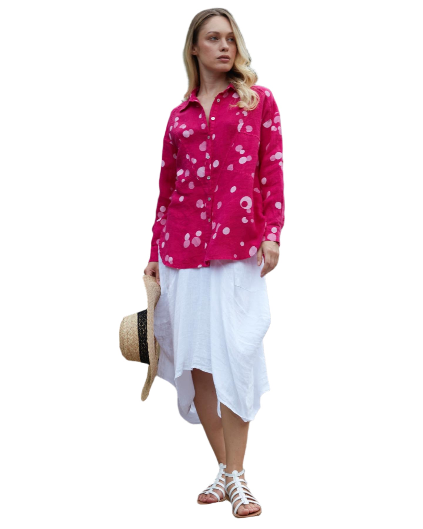 Inizio Linen Dot Button Down in Pink