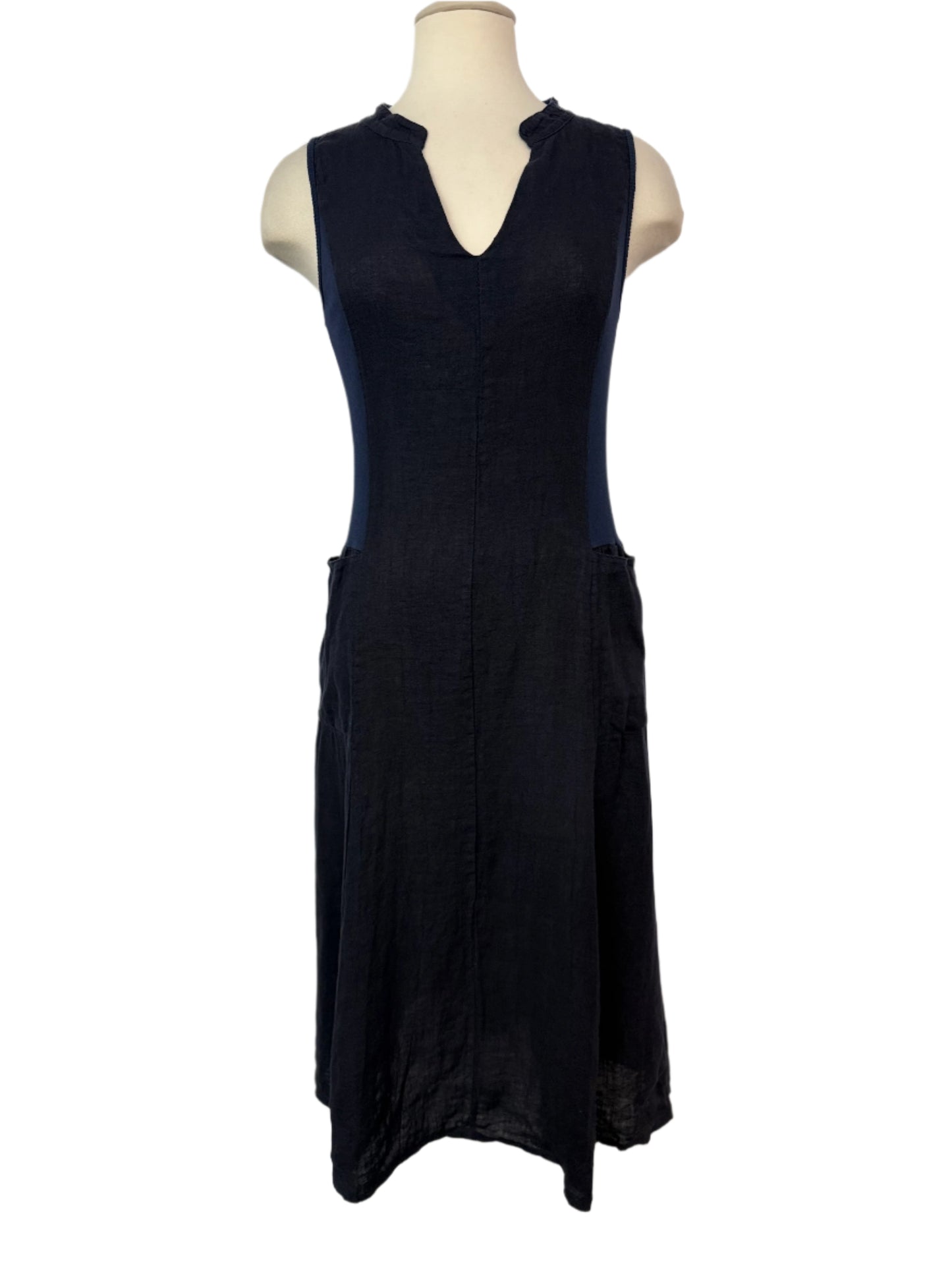 Inizio Linen V Neck Navy Dress