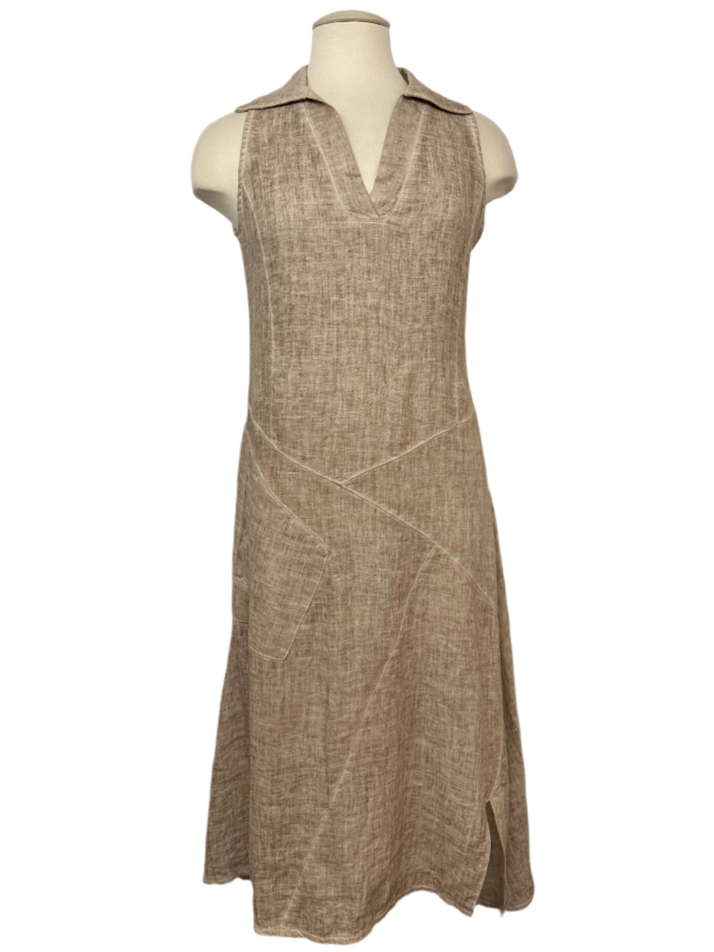 Inizio Sand Linen V-Neck Collar Dress