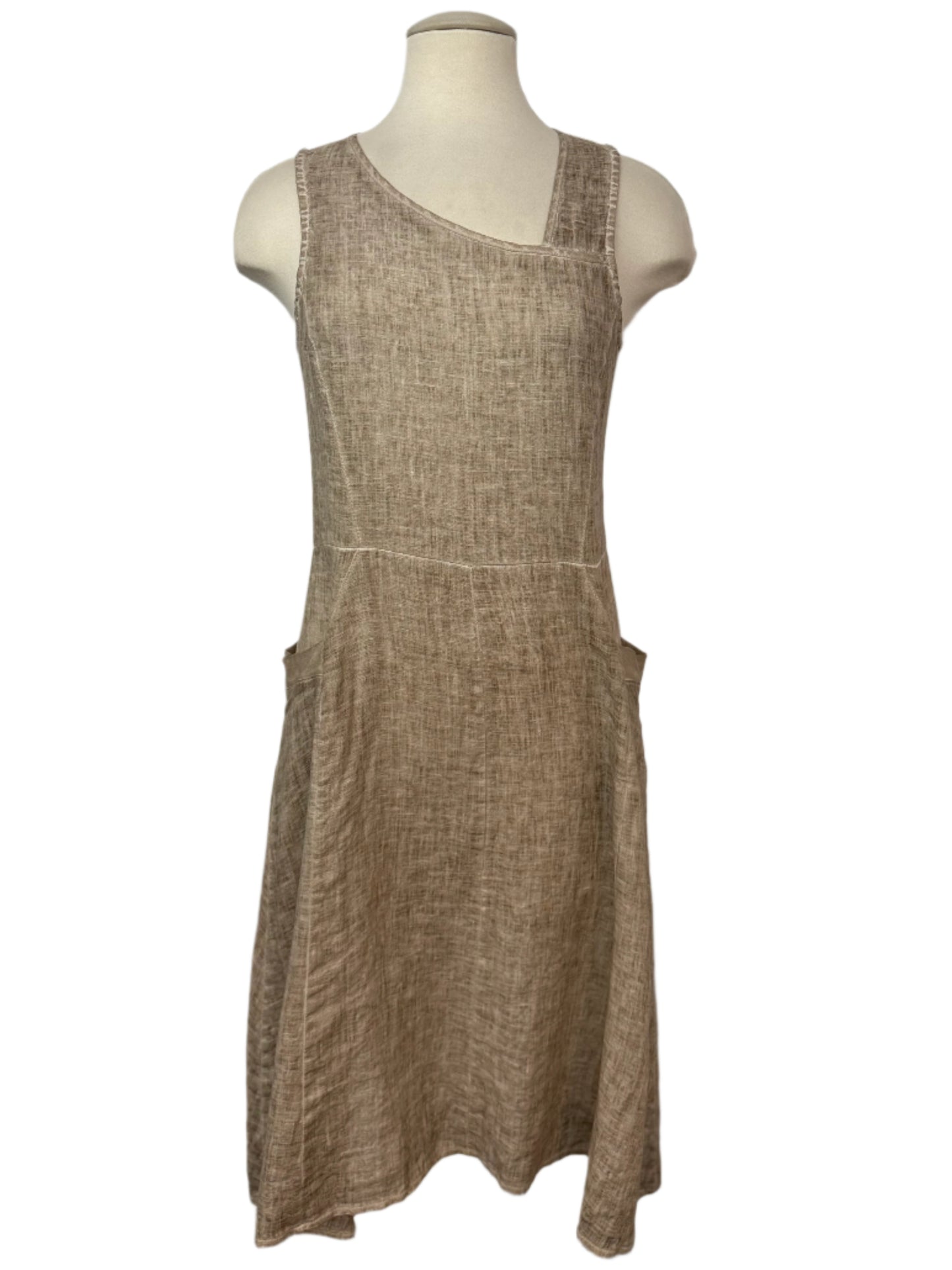 Inizio Sand Linen Dress with Asymmetrical Neck