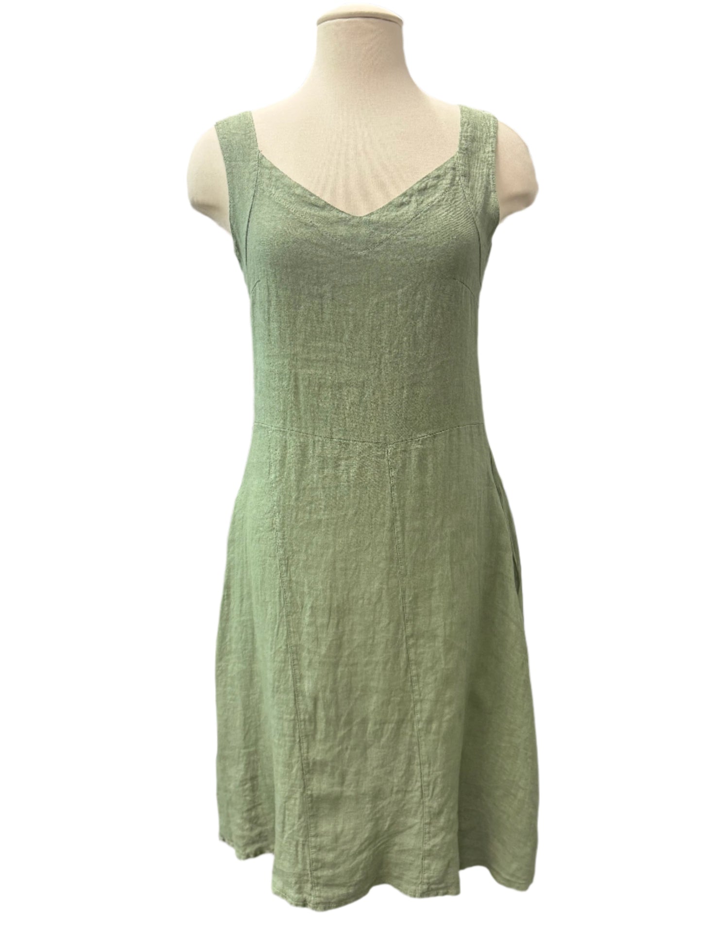 Inizio Olive Green V-neck Linen Dress