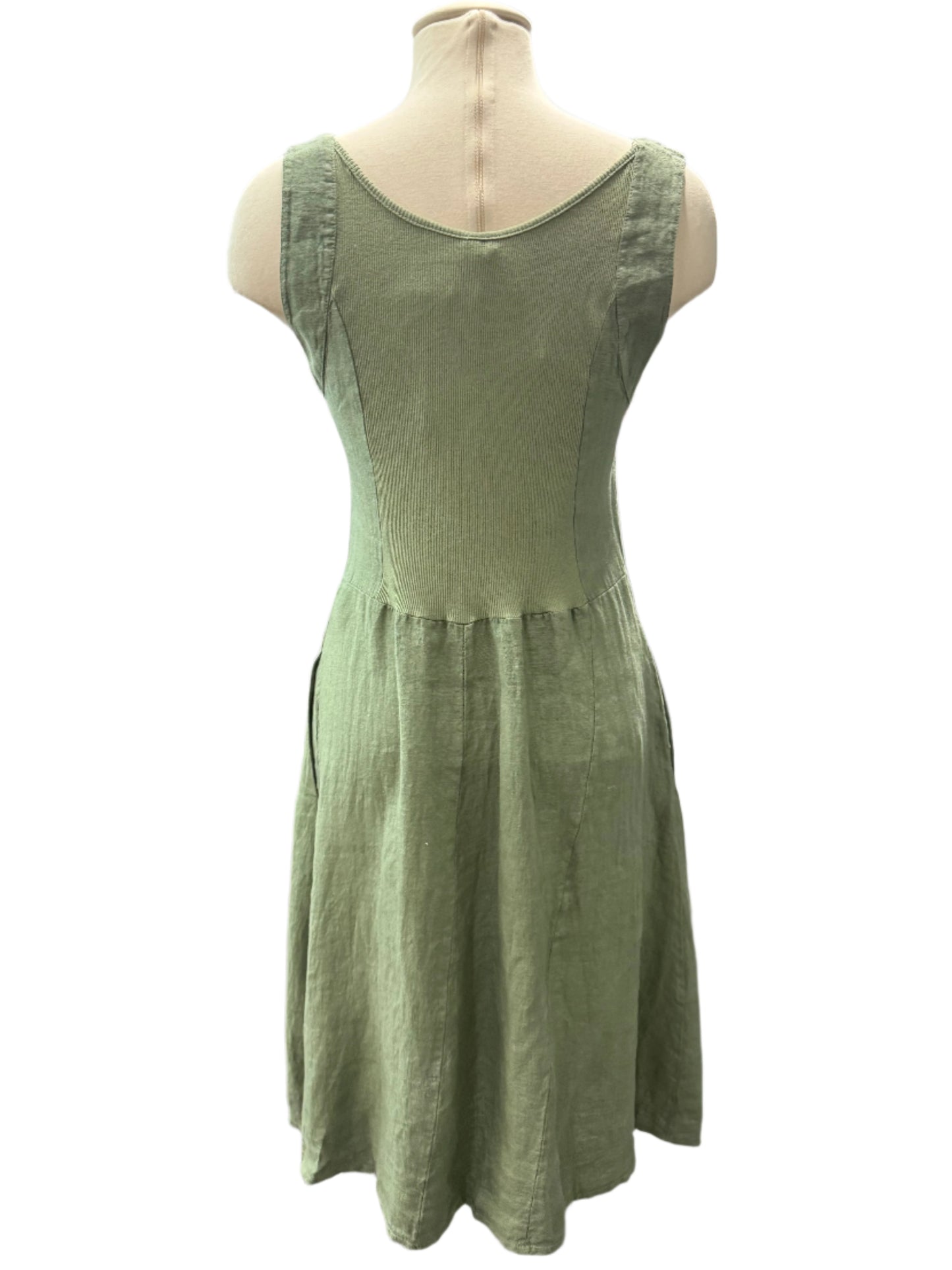 Inizio Olive Green V-neck Linen Dress