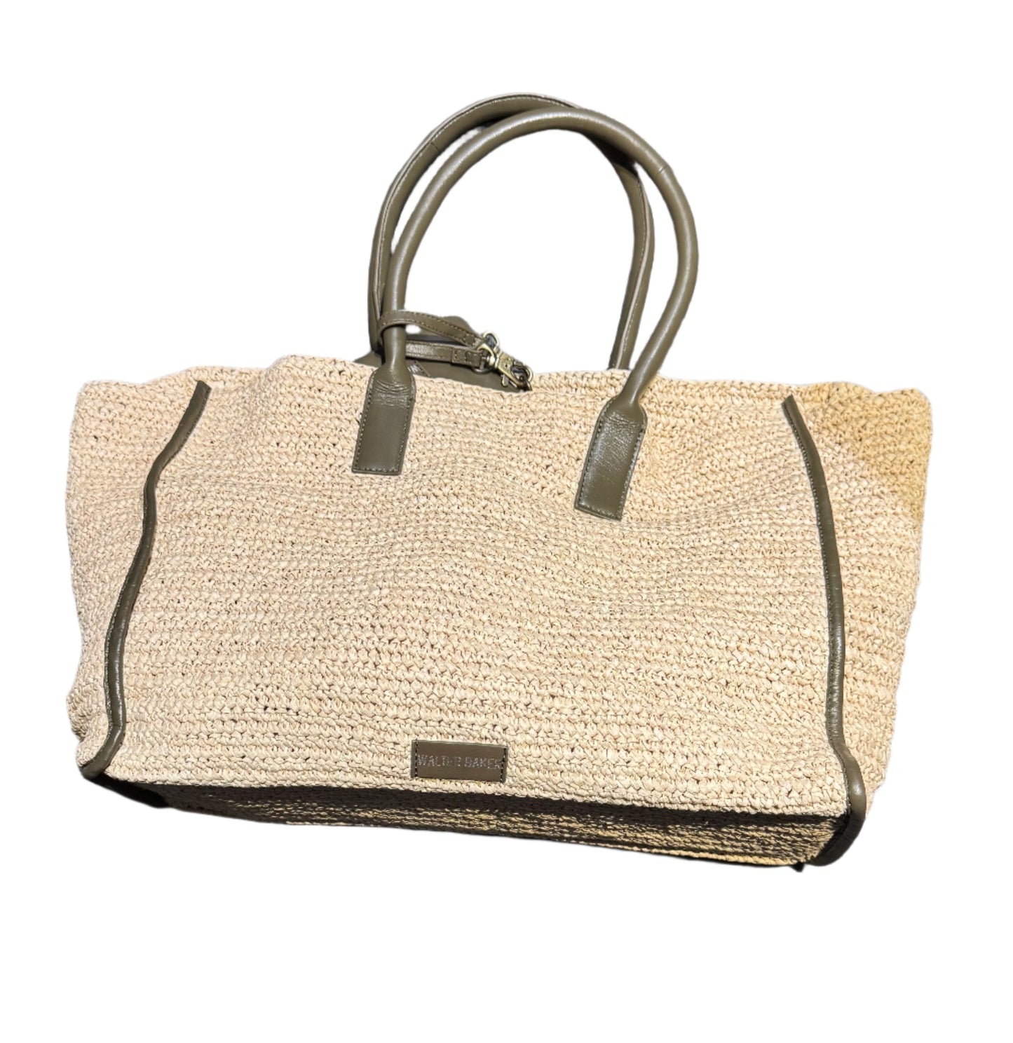 Walter Baker Raffia Tote in Cream with Green Leather Handle