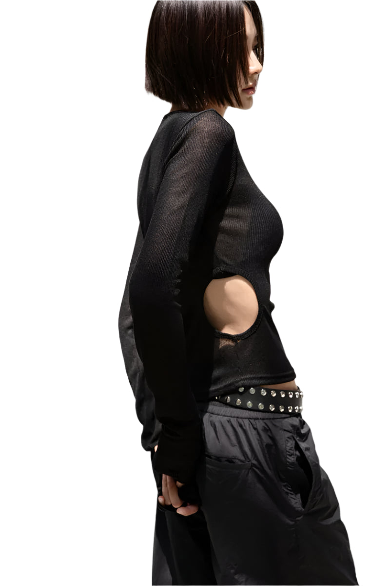 Clever Alice Sheer Ribbed Long Sleeve with Cut-Outs