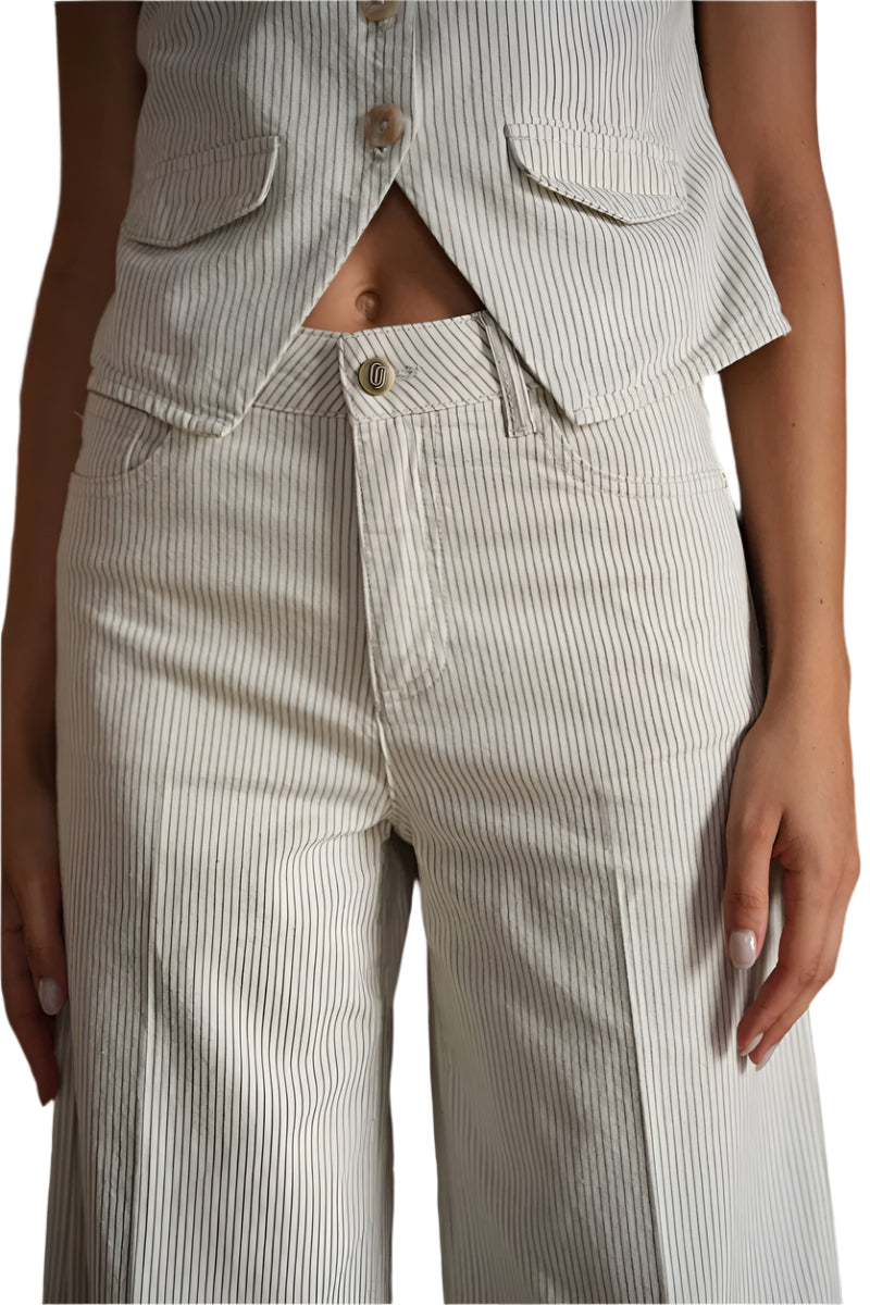 Oraije Peter Wide Cropped Jean in Green Pinstripe