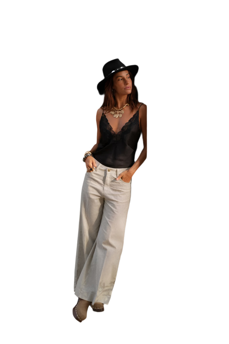 Oraije Peter Wide Cropped Jean in Black Pinstripe