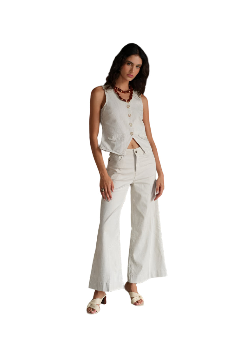 Oraije Peter Wide Cropped Jean in Green Pinstripe