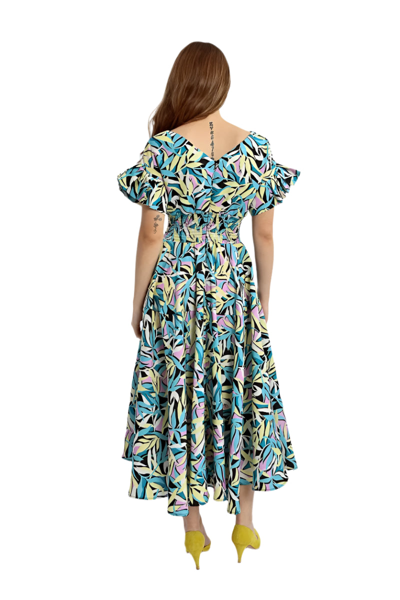 Molly Bracken Long Ruffled Dress with Green Floral Print