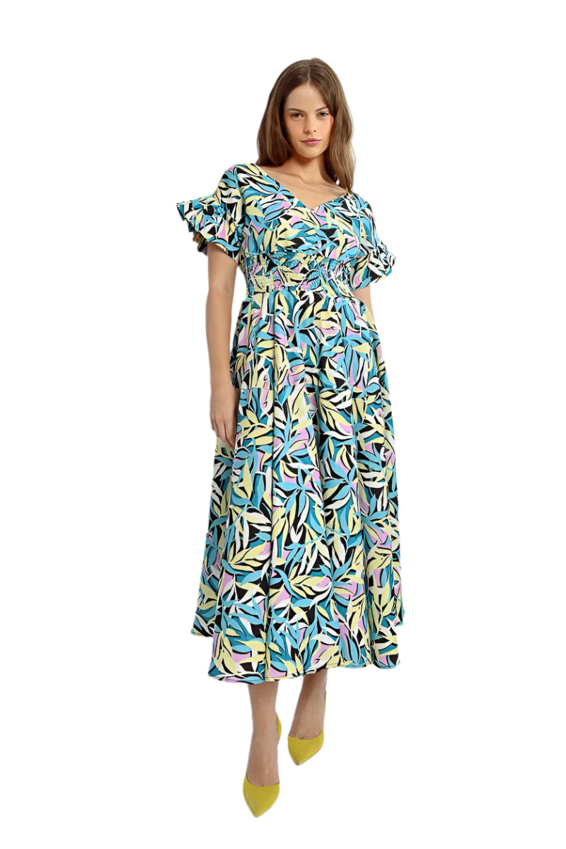 Molly Bracken Long Ruffled Dress with Green Floral Print