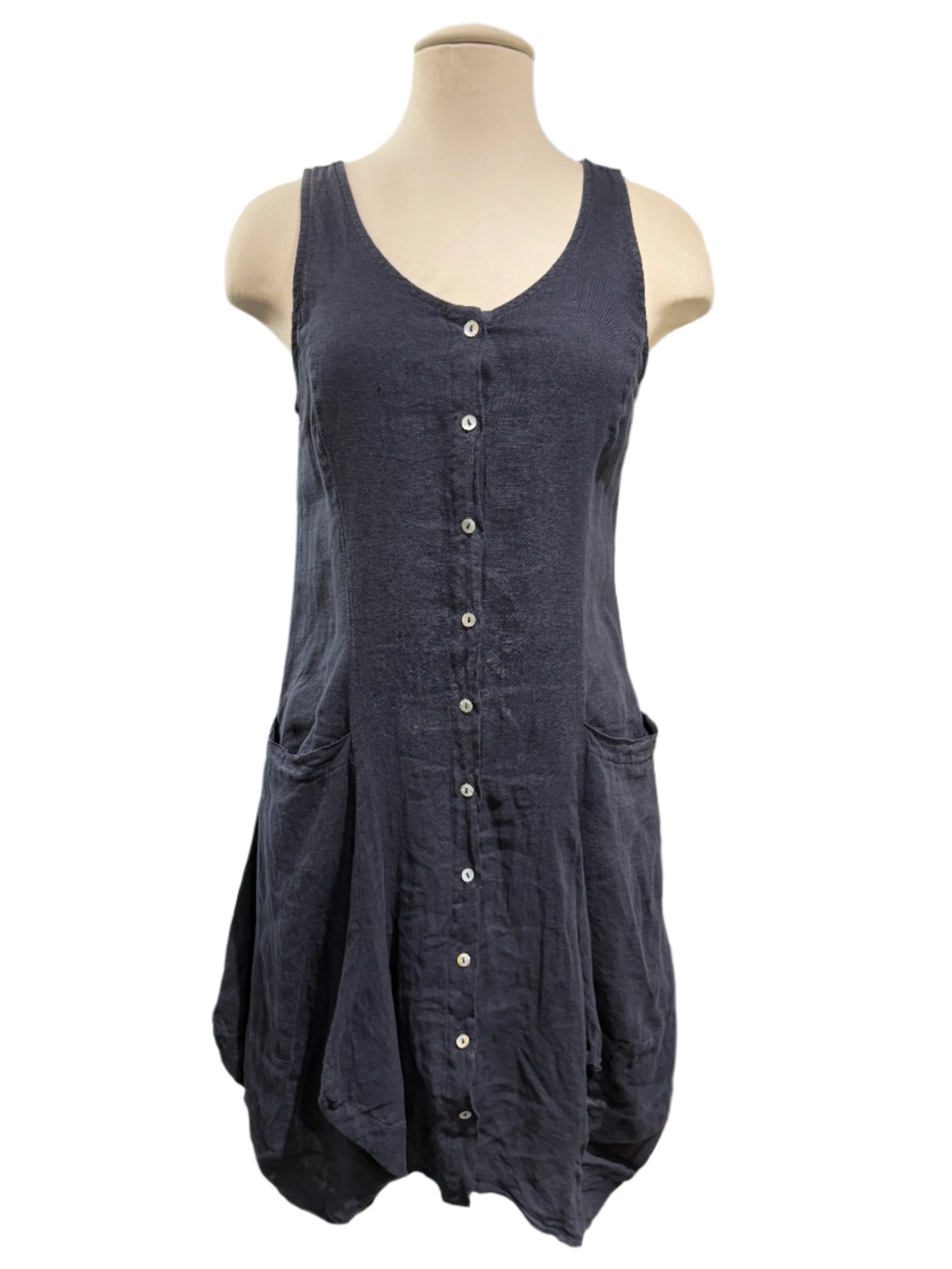 Inizio Navy Blue Linen Dress with Buttons - clever alice