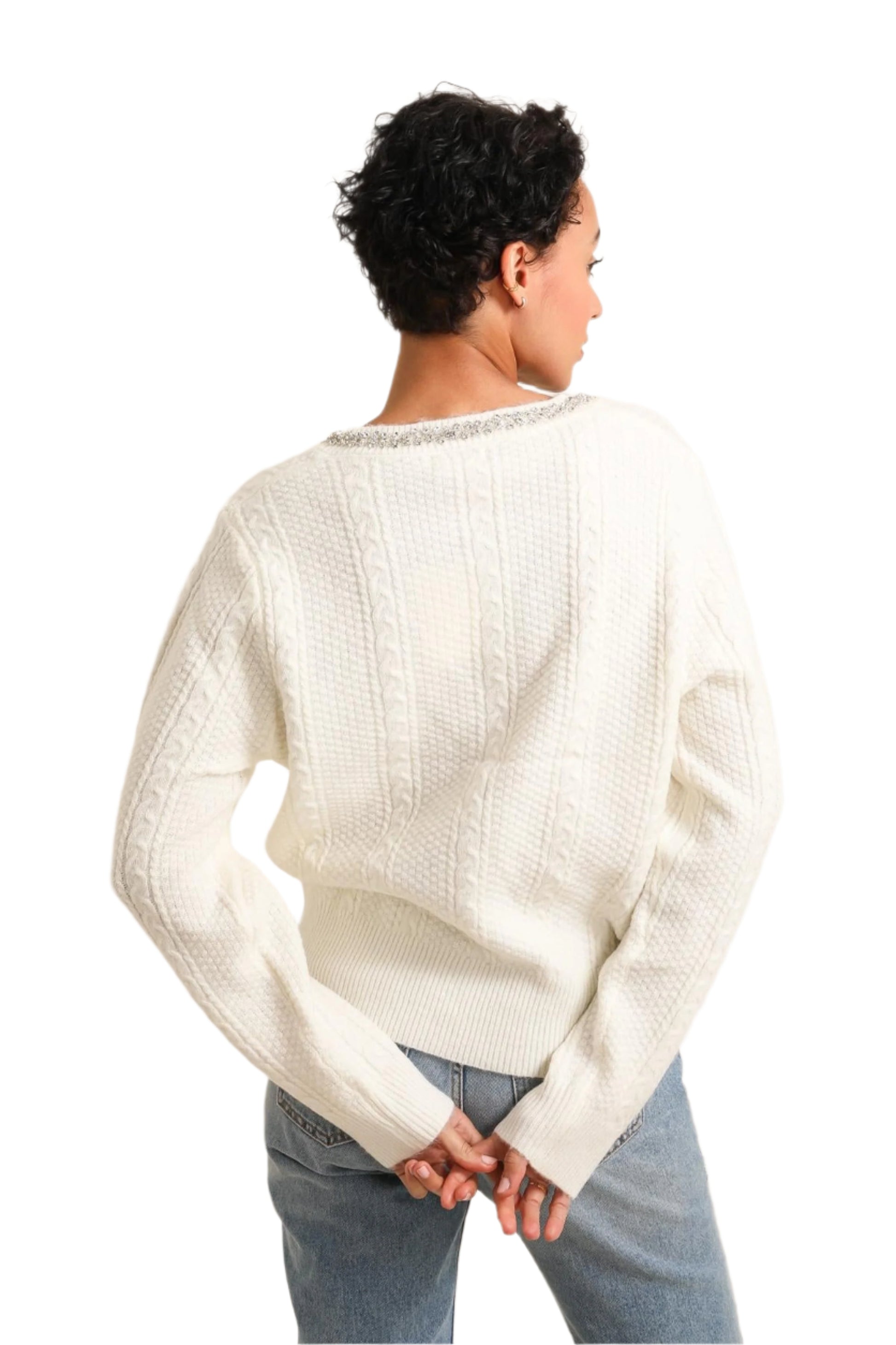 Sweewe White Cardigan with Rhinestone Collar 