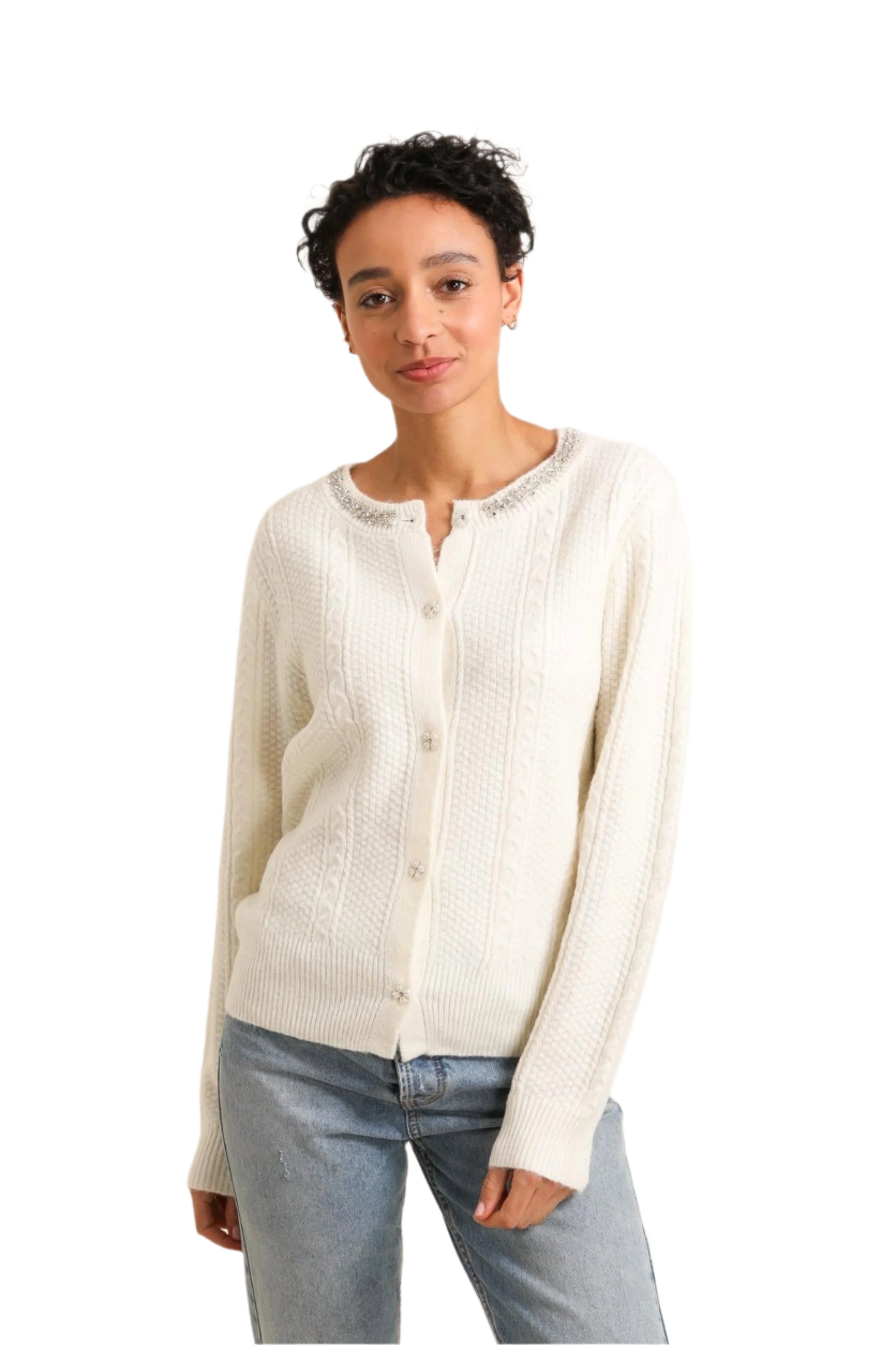 Sweewe White Cardigan with Rhinestone Collar 
